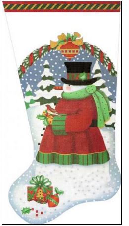 click here to view larger image of Red Bird Snowman Stocking (hand painted canvases)