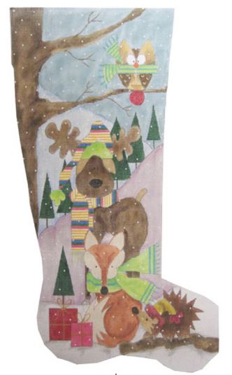 click here to view larger image of Owl/Moose/Fox/Porcupine Stocking (hand painted canvases)