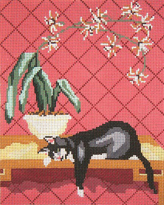 click here to view larger image of Tuxedo Cat w/Orchid (hand painted canvases)