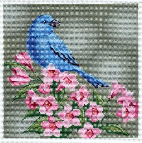click here to view larger image of Indigo Bunting on Pink Flowers (hand painted canvases)