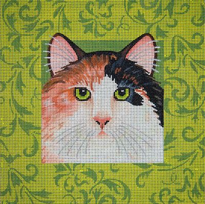 click here to view larger image of Calico Cat With Green Damask (hand painted canvases)