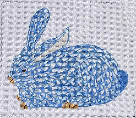 click here to view larger image of Herend Style Crouching Fishnet Bunny - Blue and Gold (Left Facing) (hand painted canvases 2)