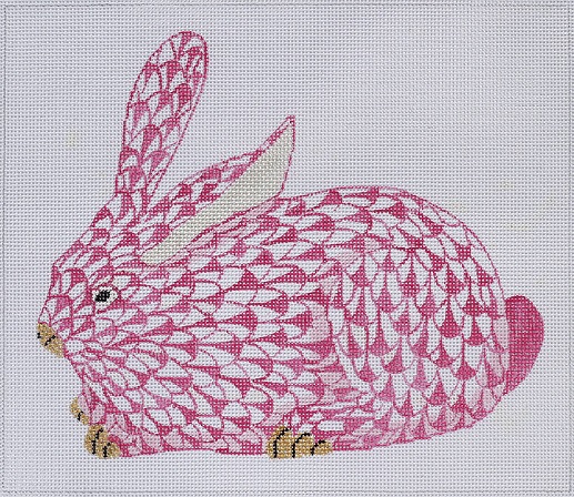 click here to view larger image of Herend Style Crouching Fishnet Bunny - Raspberry and Gold (Left Facing) (hand painted canvases 2)