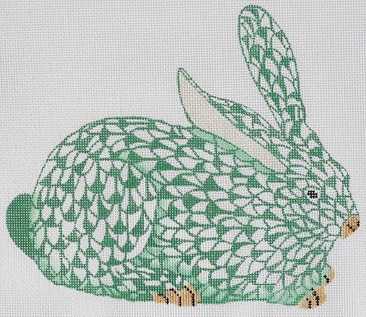 click here to view larger image of Herend Style Crouching Fishnet Bunny - Emerald and Gold (Right Facing) (hand painted canvases 2)