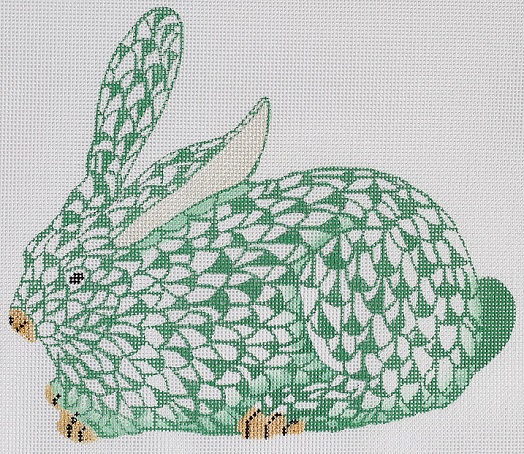 click here to view larger image of Herend Style Crouching Fishnet Bunny - Emerald and Gold (Left Facing) (hand painted canvases 2)