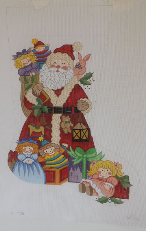 click here to view larger image of Christmas Stocking - Santa w/Dolls (hand painted canvases)
