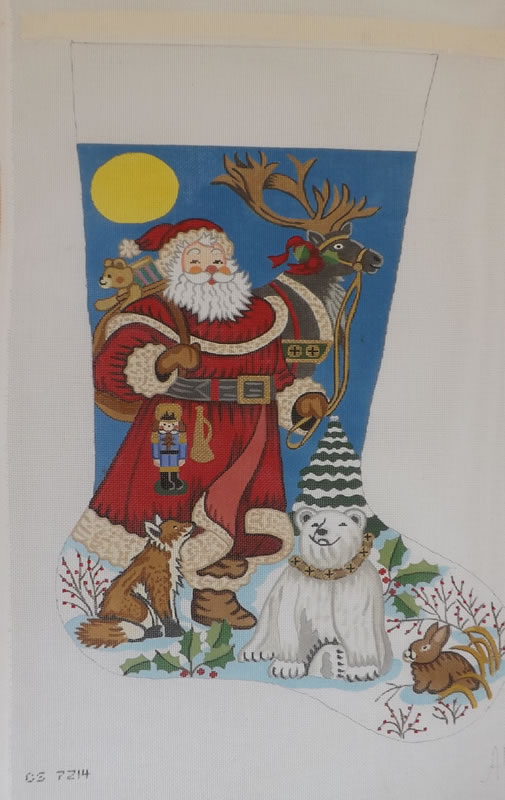 click here to view larger image of Christmas Stocking - Santa w/Animals (hand painted canvases)