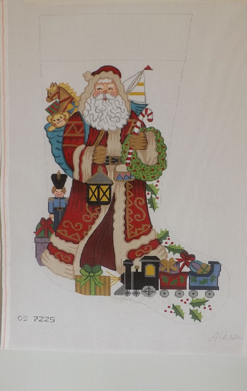 click here to view larger image of Christmas Stocking - Santa w/Toy Train  (hand painted canvases)