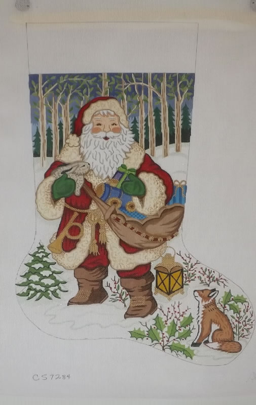 click here to view larger image of Christmas Stocking - Santa With Fox   (hand painted canvases)