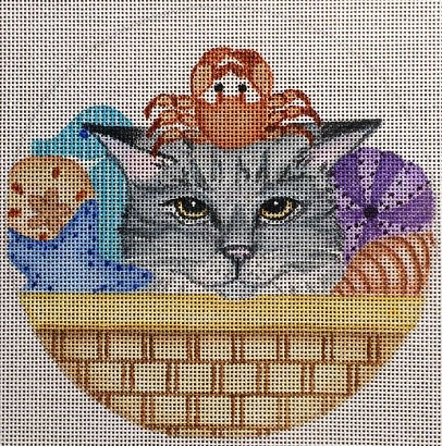 click here to view larger image of Beach Cat Basket (hand painted canvases)
