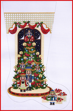 click here to view larger image of Nutcracker Tree With Two Standing Nutcrackers Stocking - 13ct (hand painted canvases)