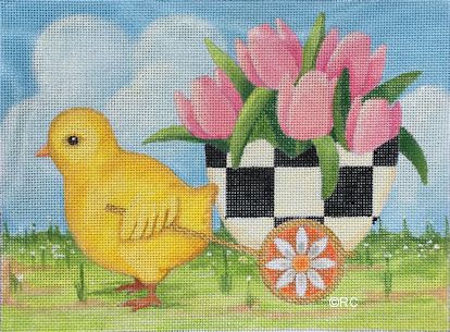 click here to view larger image of Chick Pulling Checkered Egg Basket (hand painted canvases)