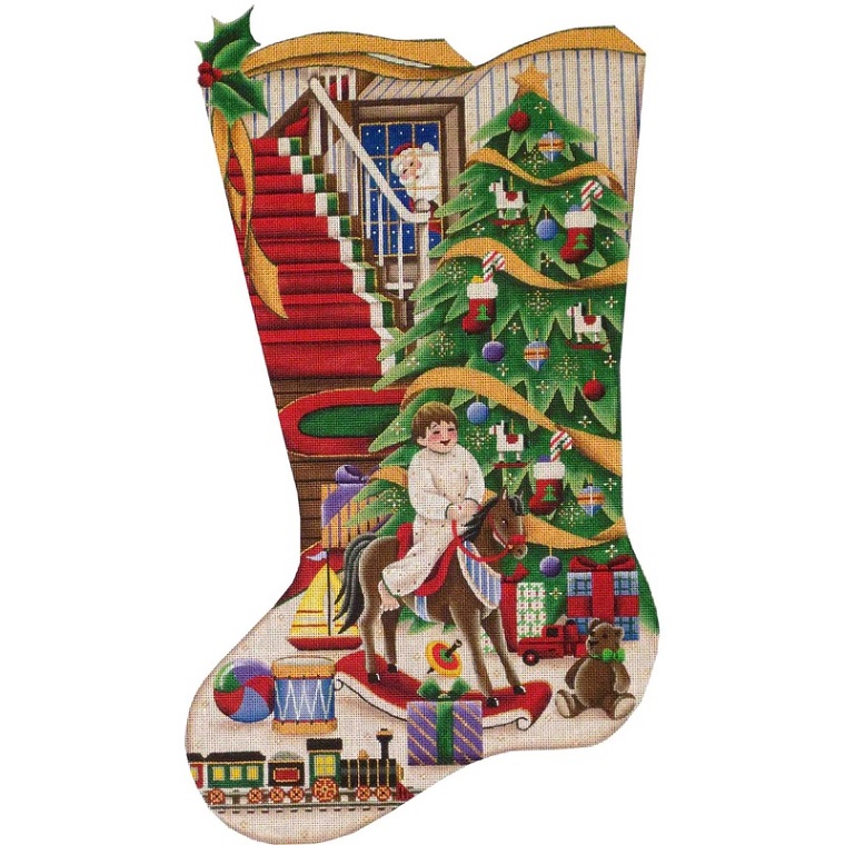 click here to view larger image of Rocking Christmas Stocking - Boy - 18ct (hand painted canvases)
