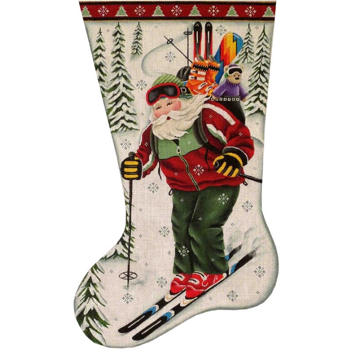 click here to view larger image of Skiing Santa Stocking - 13ct  (hand painted canvases)