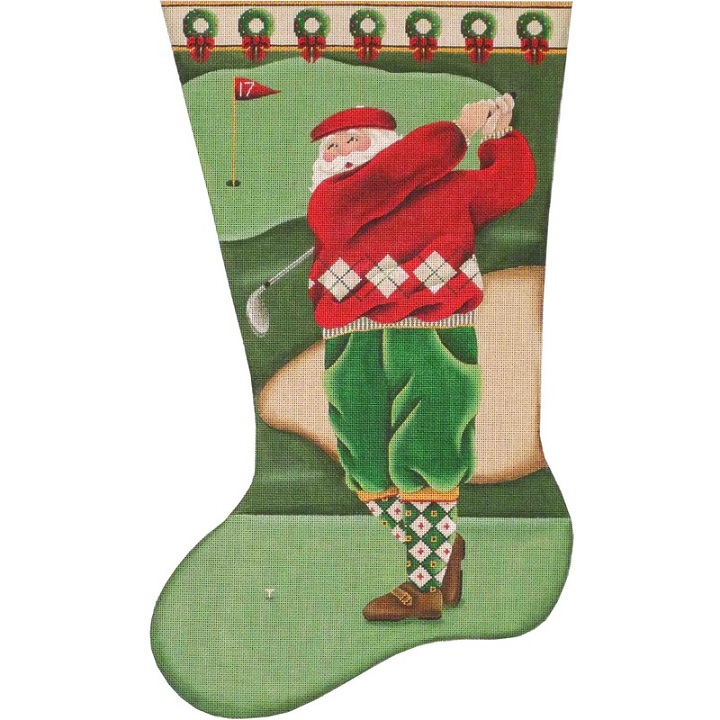 click here to view larger image of Golf Santa Stocking - 13ct  (hand painted canvases)