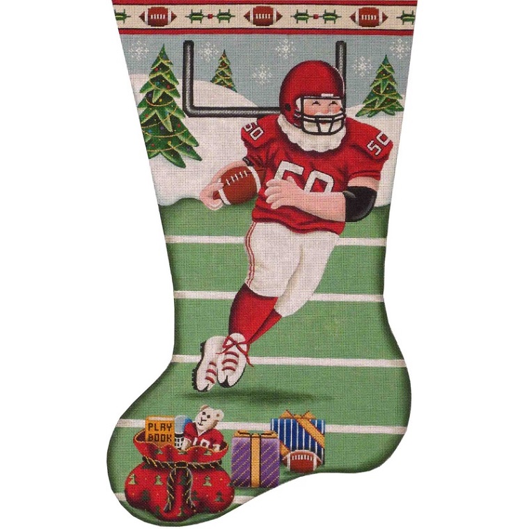 click here to view larger image of Football Santa Stocking - 13ct  (hand painted canvases)