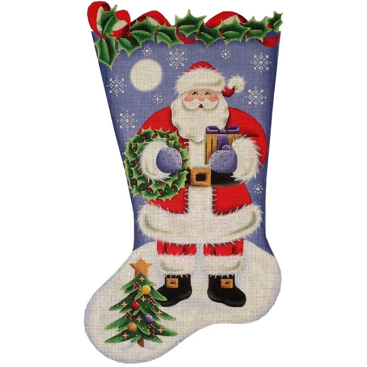 click here to view larger image of Wreath Santa Stocking - 13ct (hand painted canvases)
