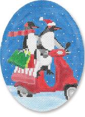 click here to view larger image of Penguins On Scooter Ornament (hand painted canvases)