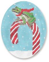 click here to view larger image of Frog On Candy Cane Ornament (hand painted canvases)